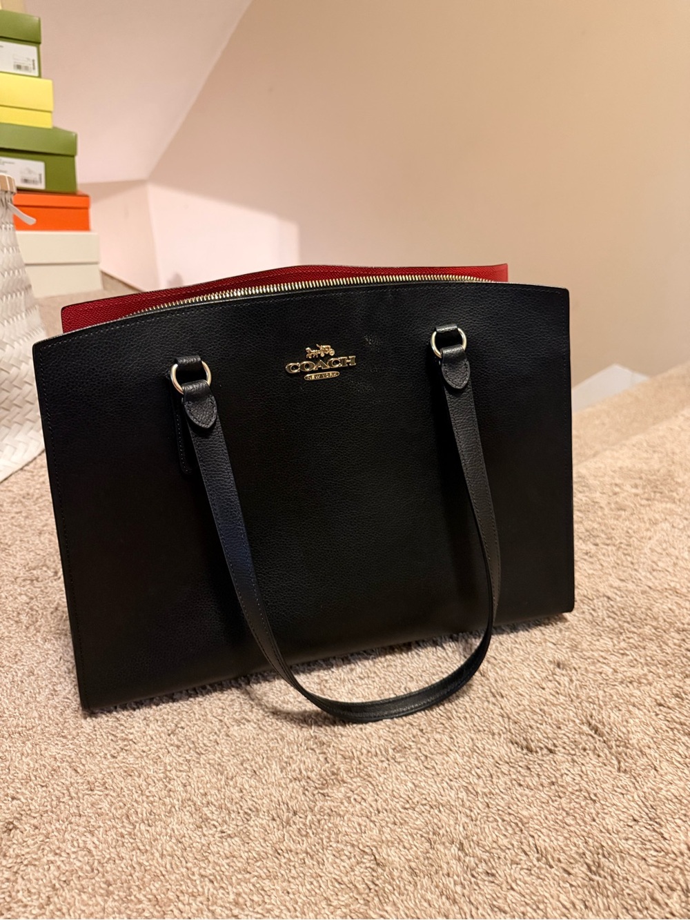 Coach Black & Red Leather Tote Bag